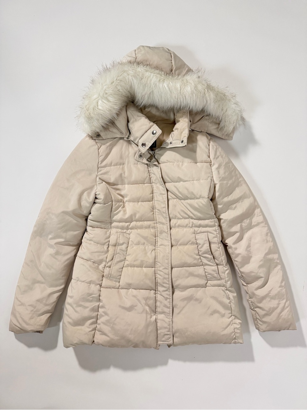 Women’s Cream Puffer Jacket with Faux Fur Hood